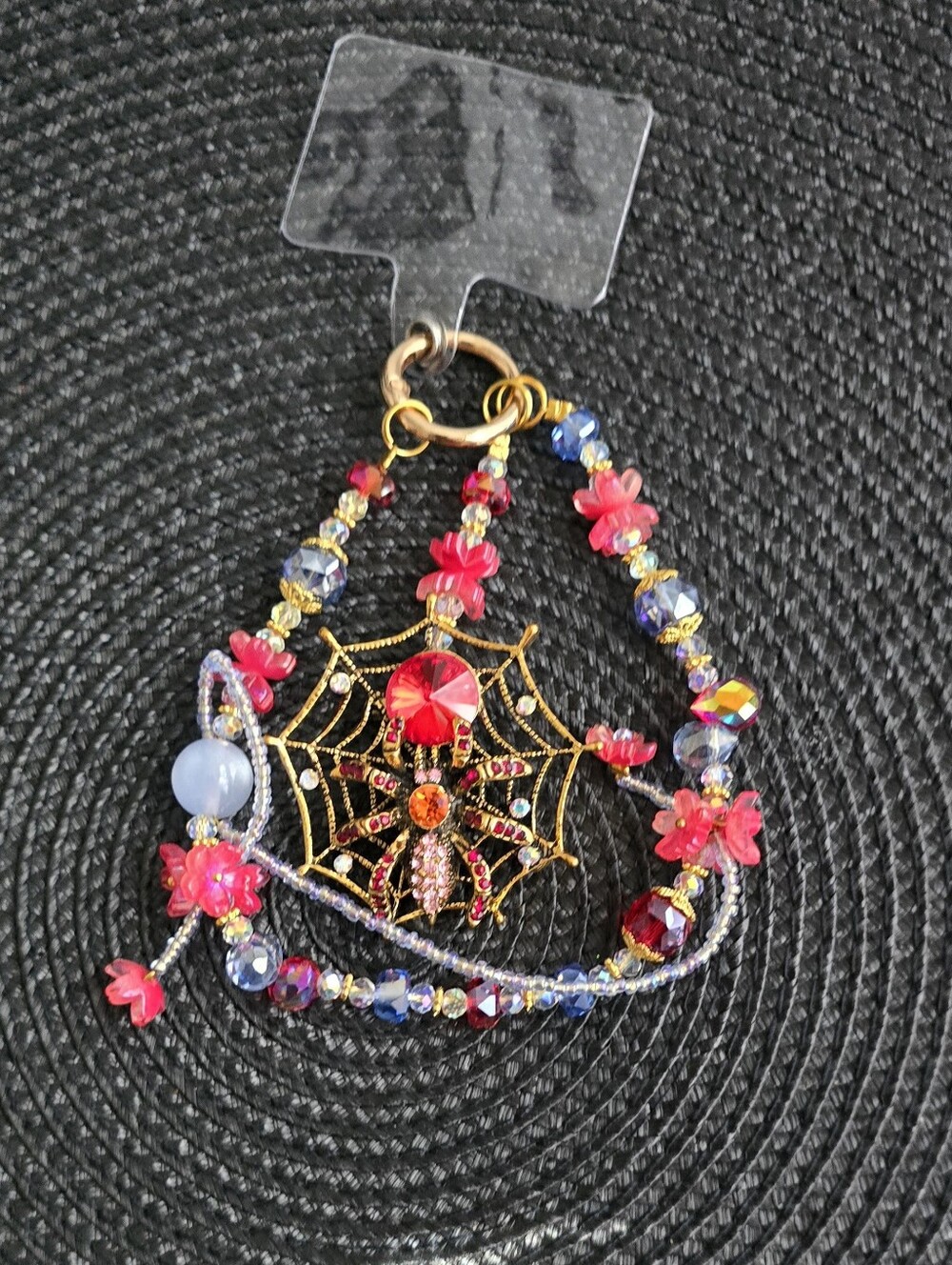 Beaded Red Crystal Spider Web Keychain, phone/bag charm